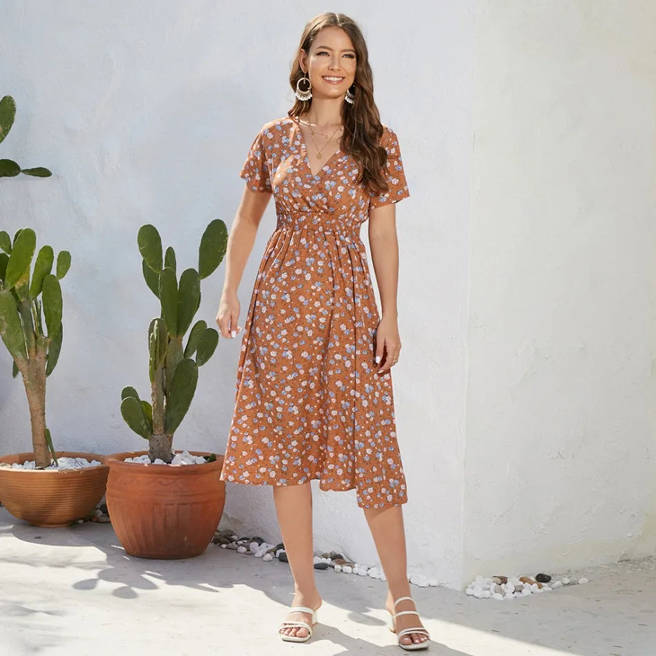 SORTYGO - Floral V-Neck Mid-Calf Dress in Brown