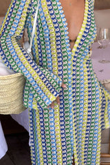 SORTYGO - Colorful Crochet Stripe Maxi Dress V-Neck Flare Sleeve in