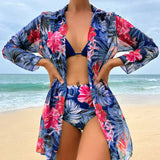 SORTYGO - Tropical Blossom Three-Piece Bikini Set in Blue