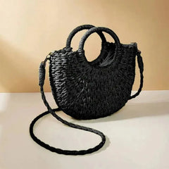 SORTYGO - Handwoven Straw Rattan Half-Moon Beach Handbag in black