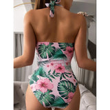 SORTYGO - Tropical Bloom Halter Neck One-Piece Swimsuit in