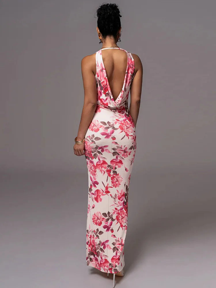 SORTYGO - Floral Print Backless Maxi Dress in