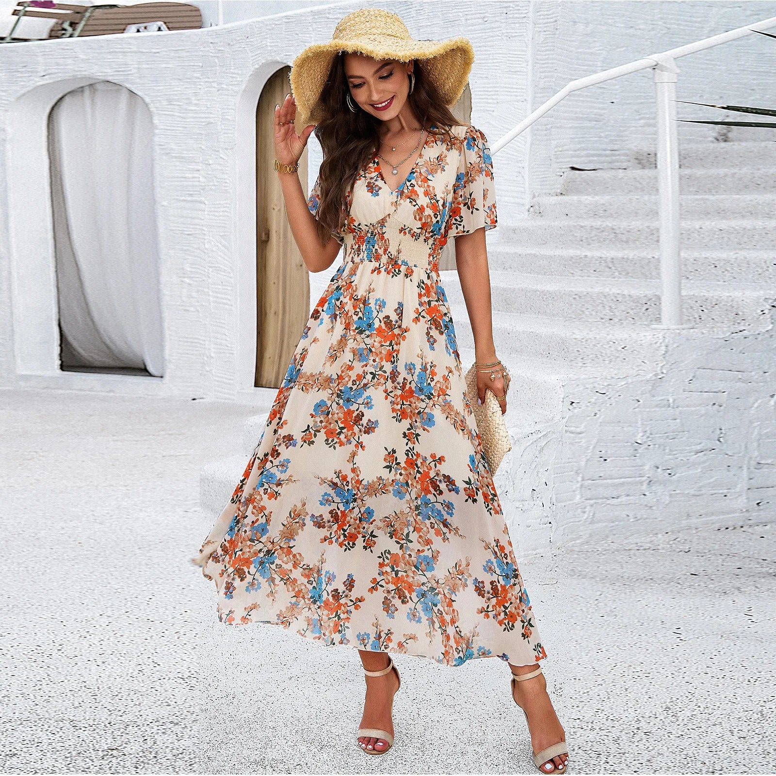 SORTYGO - SummerBloom Floral Maxi Dress in Apricot