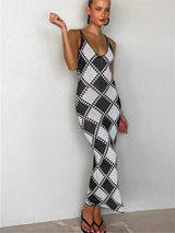 SORTYGO - Plaid Charm Knit Maxi Dress with Spaghetti Straps in Black