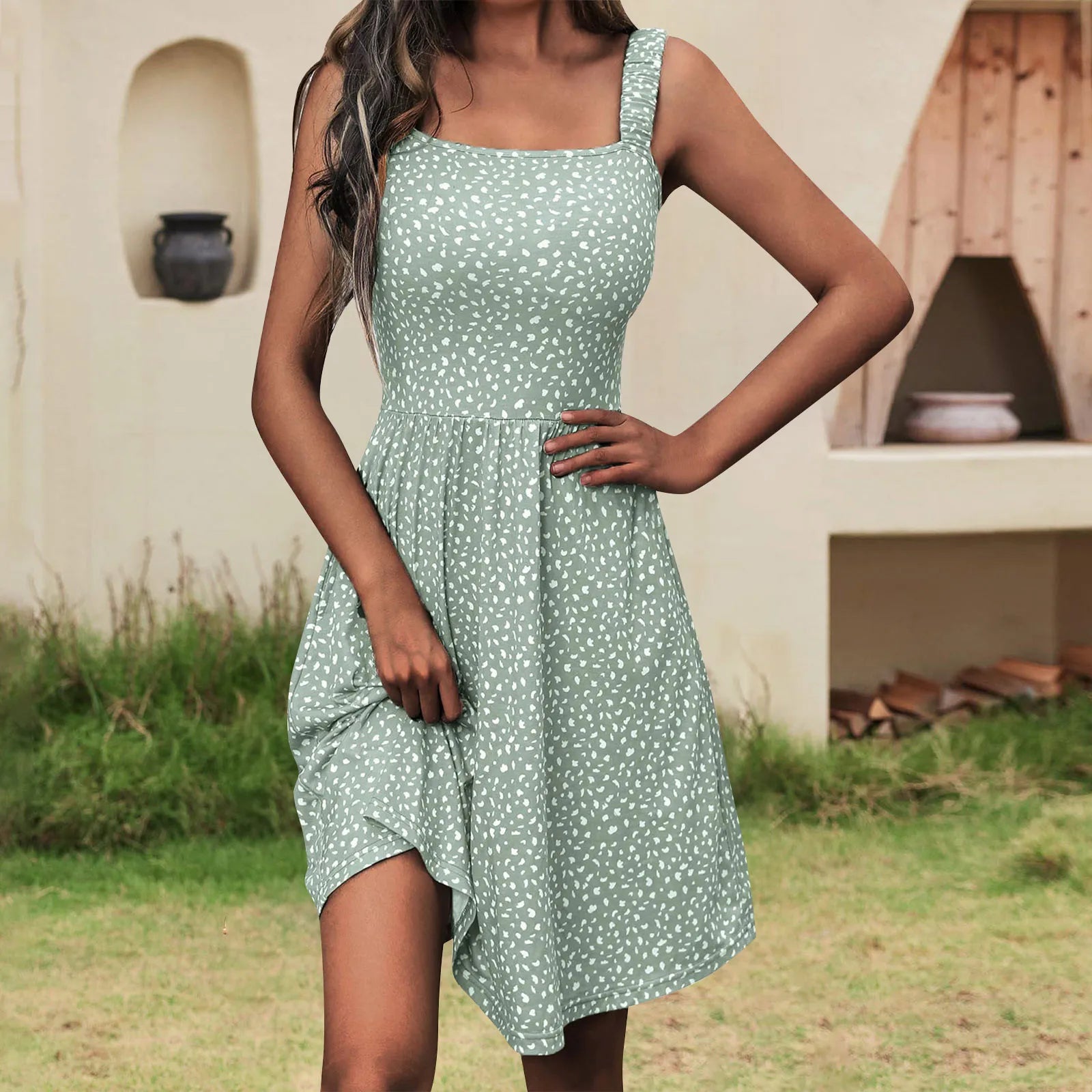 SORTYGO - Floral Square Neck A-Line Dress in Light Green