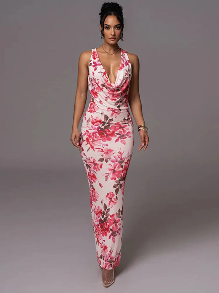 SORTYGO - Floral Print Backless Maxi Dress in Pink