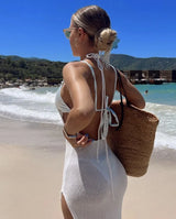 SORTYGO - Elegant Halter Backless Knit Maxi Beach Dress in SSTB2047W1