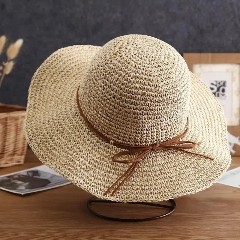SORTYGO - Elegant Foldable Summer Beach Hat with Bow Detail in Beige