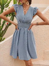 SORTYGO - Striped V-Neck Petal Sleeve Dress in