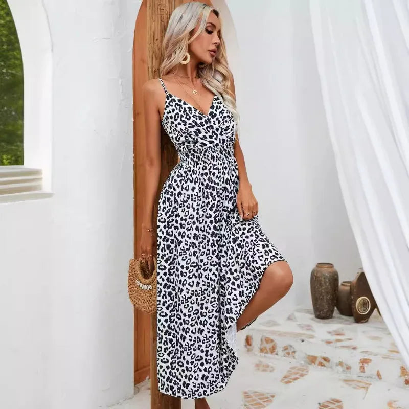 SORTYGO - Leopard Print V-Neck Midi Dress in