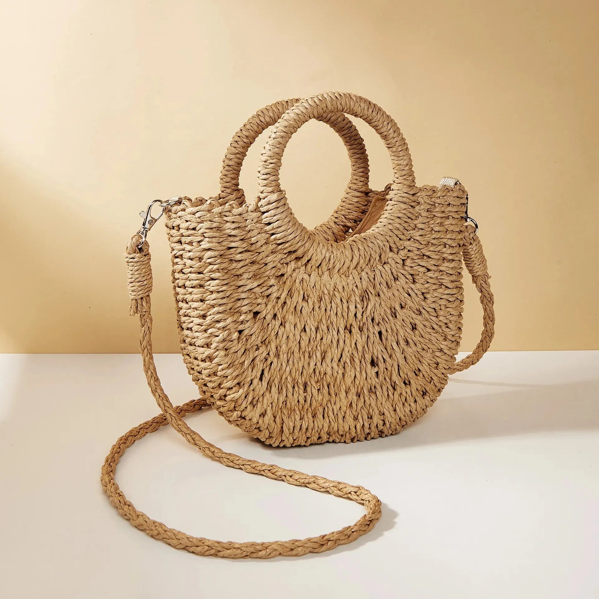 SORTYGO - Handwoven Straw Rattan Half-Moon Beach Handbag in khaki