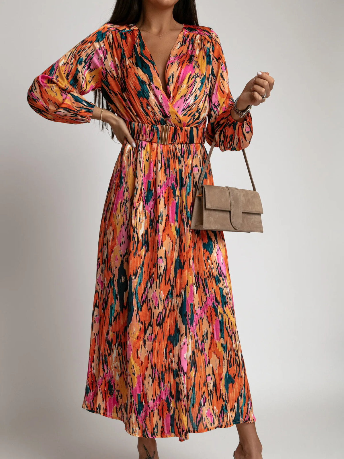 SORTYGO - Pink Paisley Print Long Sleeve Mid-Calf Dress in Orange