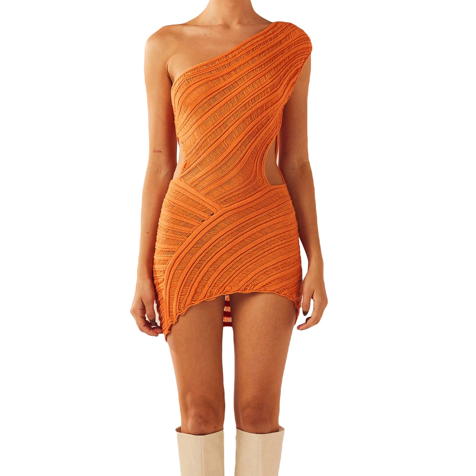 SORTYGO - One Shoulder Crochet Bodycon Backless Mini Dress in Orange