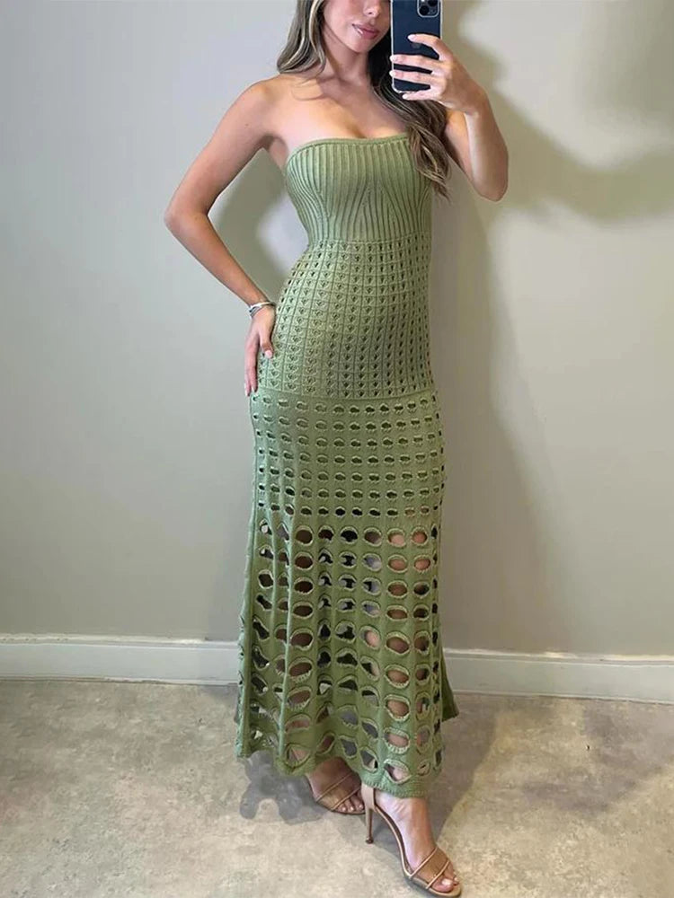 SORTYGO - Elegant Hollow Knit Beach Dress Strapless in Green