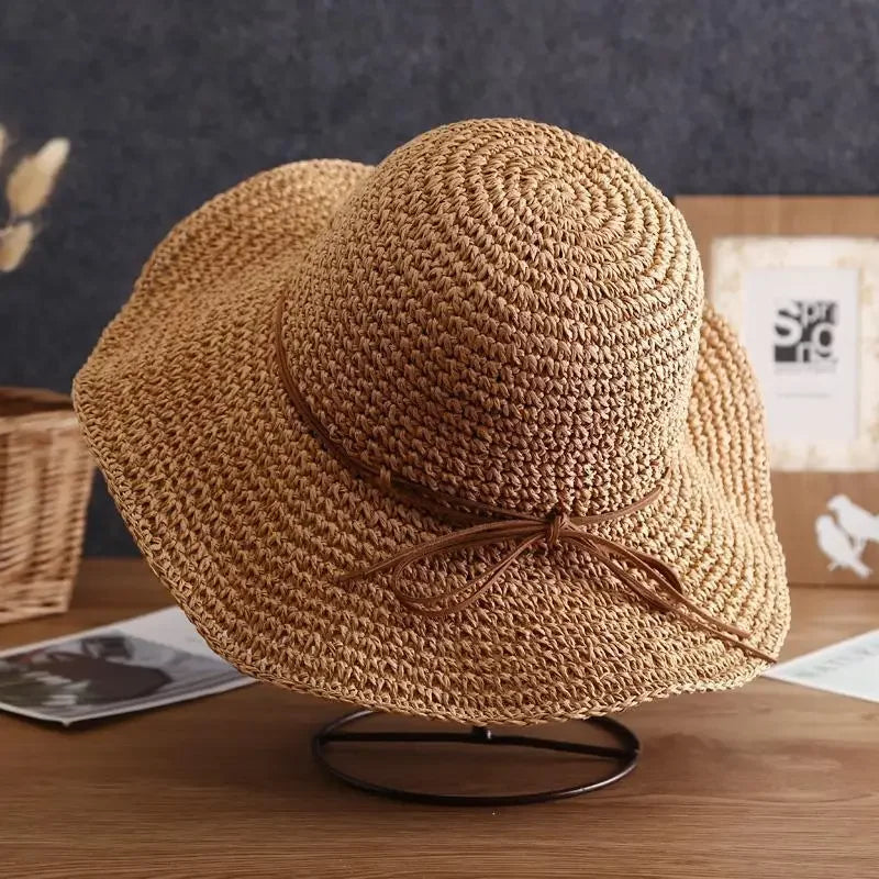 SORTYGO - Elegant Foldable Summer Beach Hat with Bow Detail in Khaki