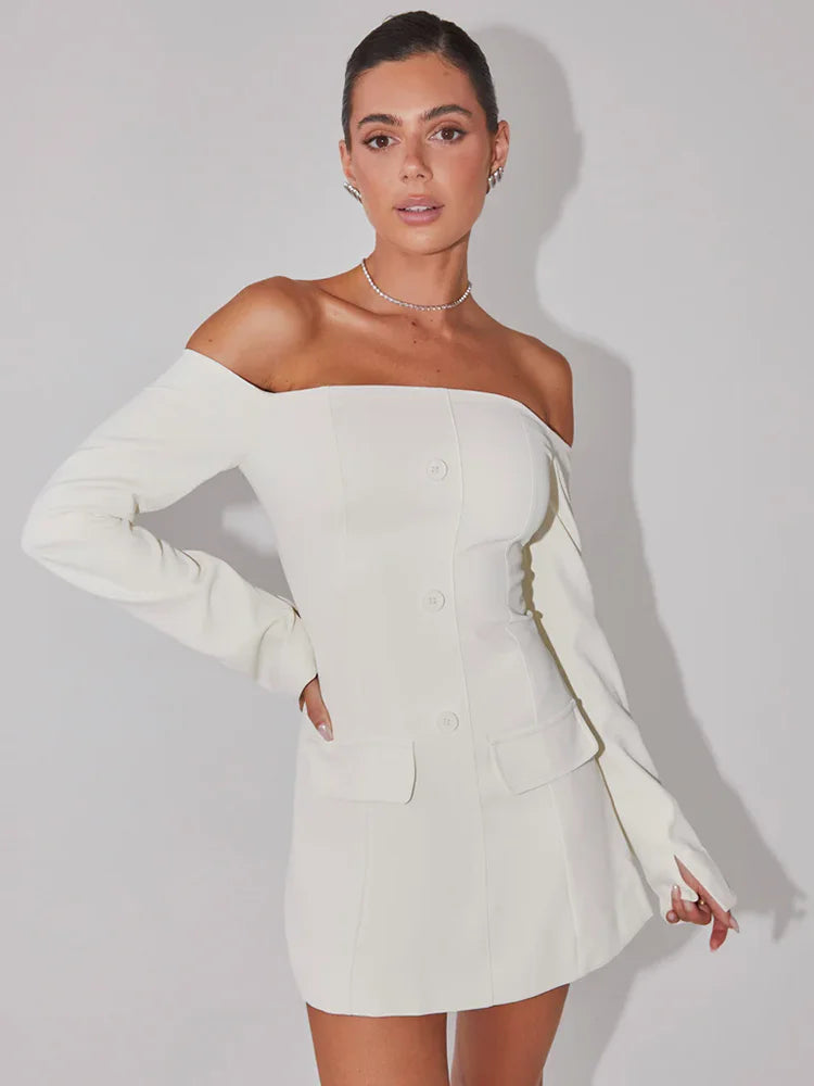 SORTYGO - Off-Shoulder Button-Up Mini Dress in White