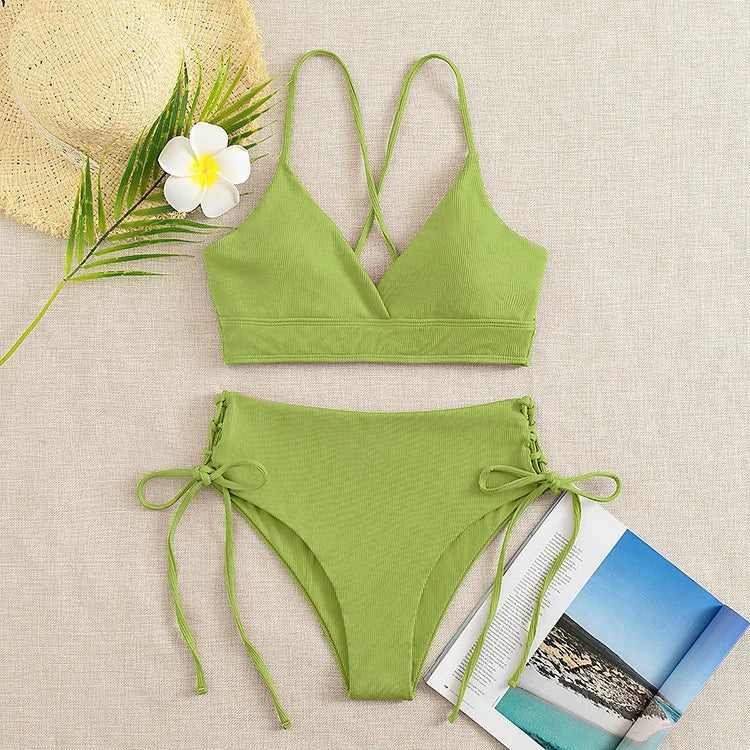 SORTYGO - High-Waist Lace-Up Bikini Set in Grass Green