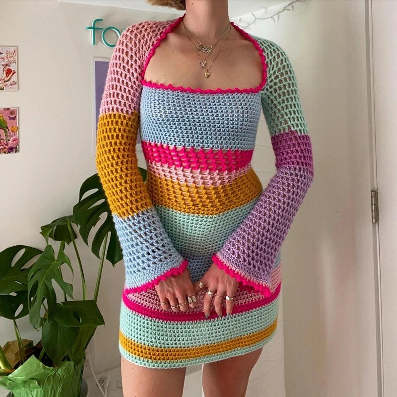 SORTYGO - Retro Colorful Knitted Mini Dress in A