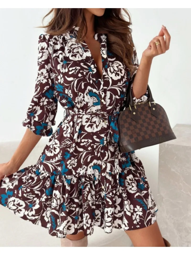 SORTYGO - Floral Print Tie-Waist Mini Dress in Coffee