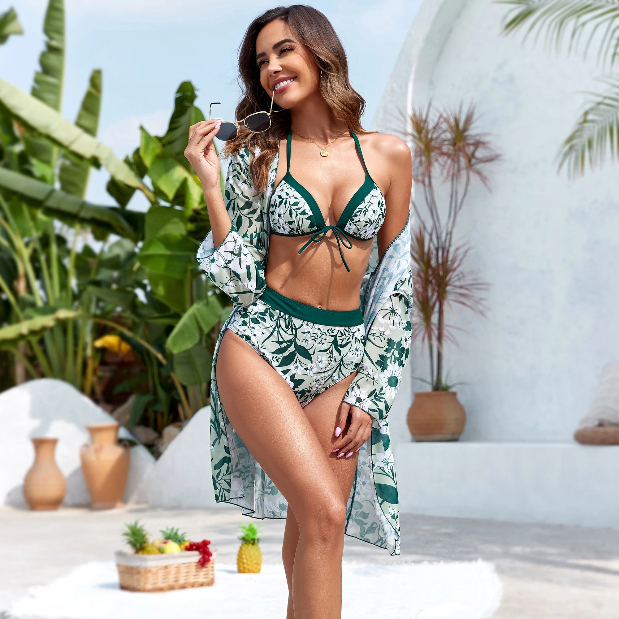 SORTYGO - Floral Elegance Three-Piece Swimsuit Set in