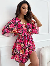 SORTYGO - Vibrant Floral Kimono Sleeve Mini Dress in Red