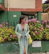 SORTYGO - Colorful Crochet Stripe Maxi Dress V-Neck Flare Sleeve in as picture