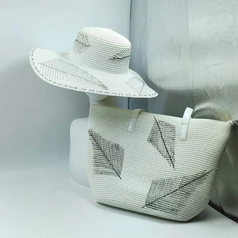 SORTYGO - Monochrome Leaves Summer Straw Hat and Tote Bag Set in 5 One Size