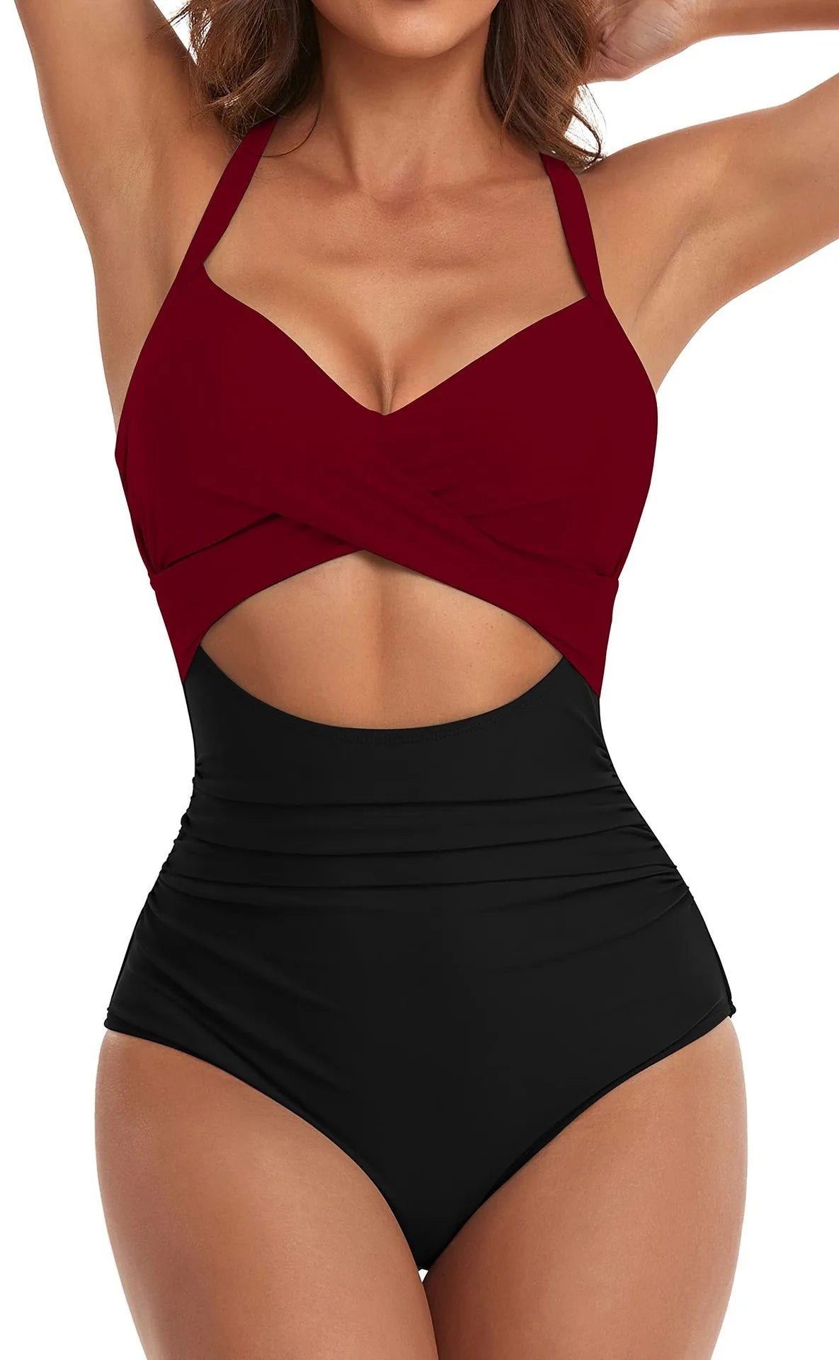 SORTYGO - Tropical Oasis Cut-Out One-Piece Swimsuit in Wine Red