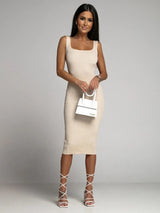 SORTYGO - Sleek Sleeveless U-Neck Midi Dress in Khaki