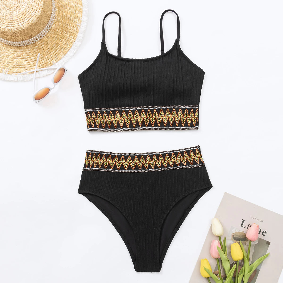 SORTYGO - Ethnic Style High-Waisted Bikini Set in Black