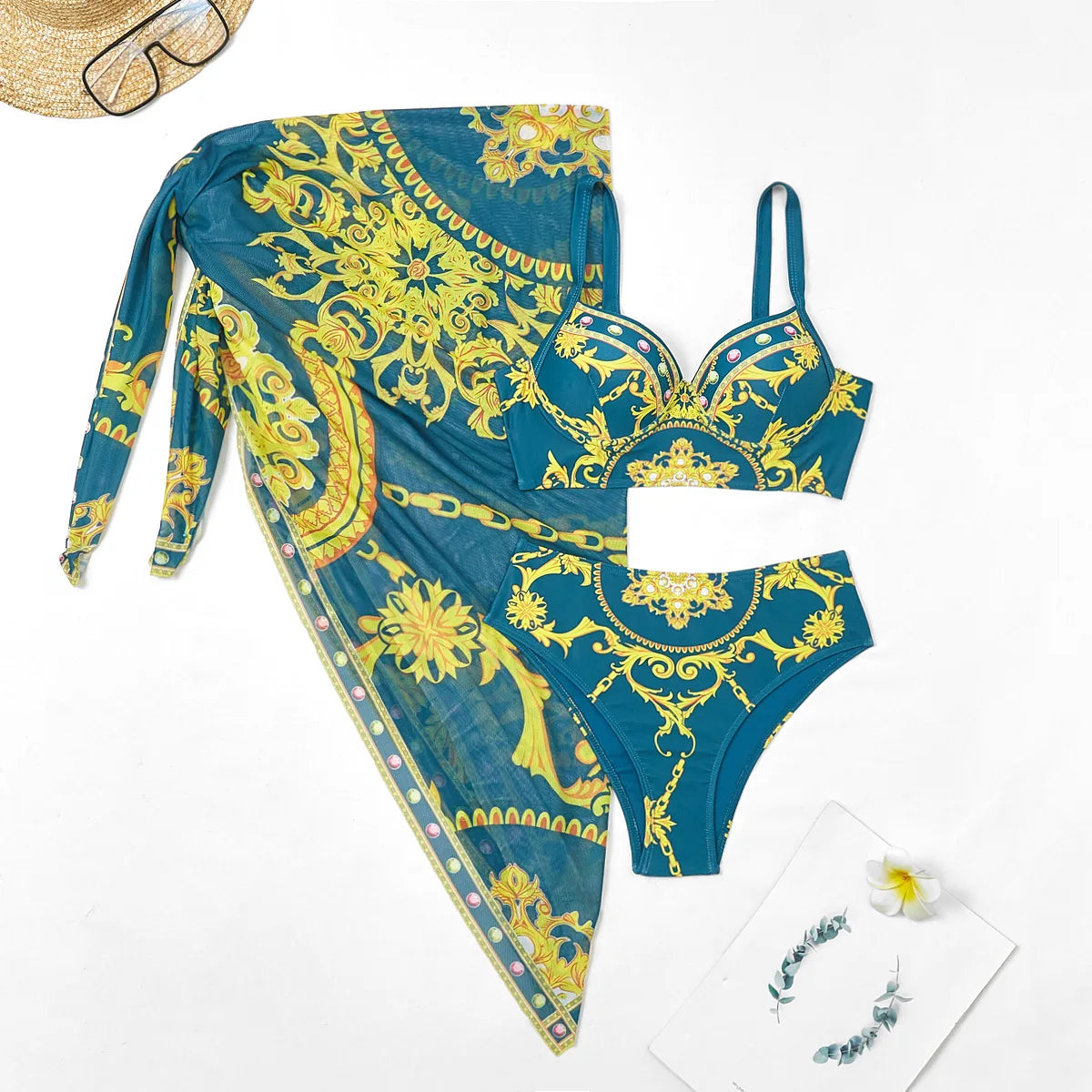 SORTYGO - Retro Waves Three-Piece Swimsuit Set in Green