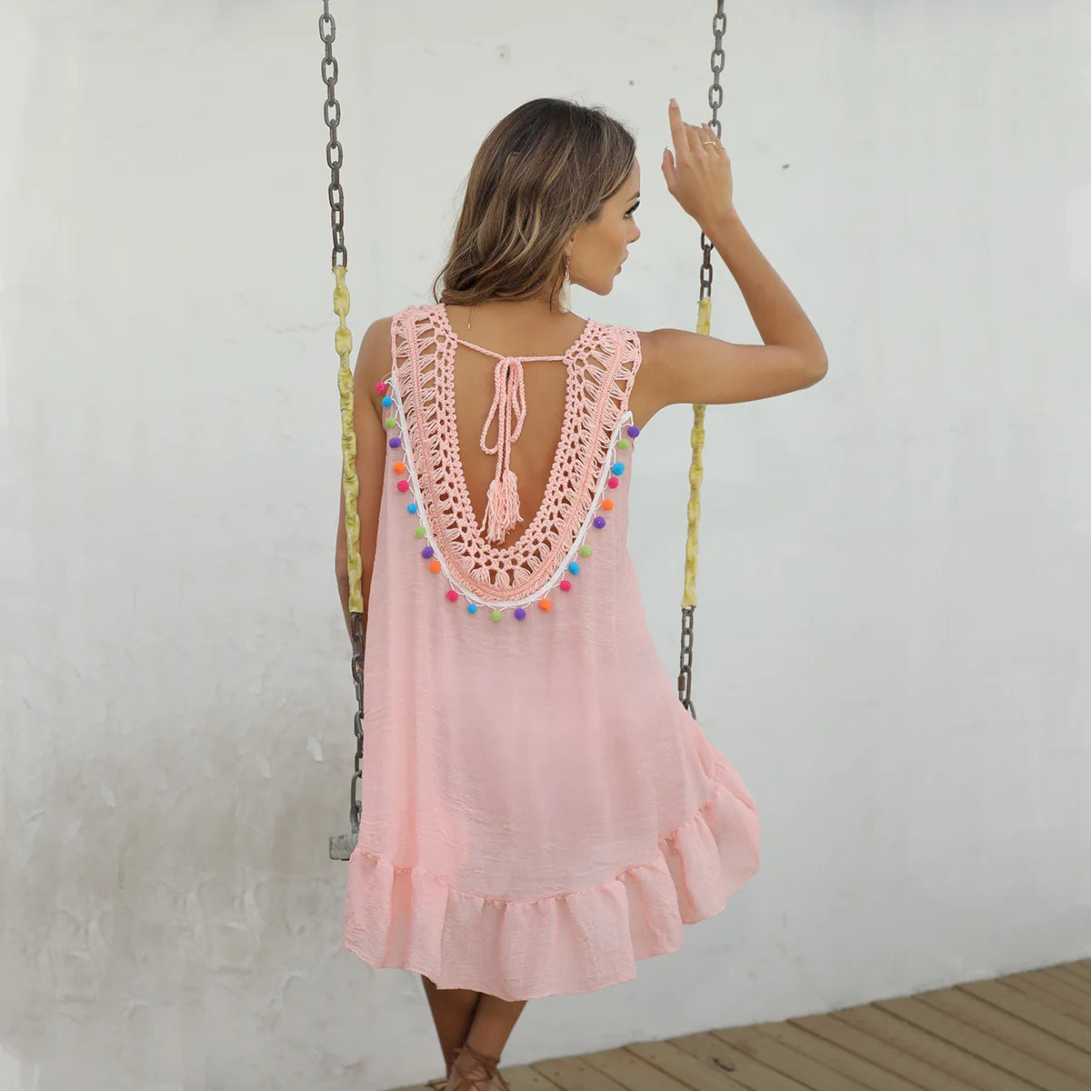 SORTYGO - Boho Charm Crochet Beach Dress in Pink
