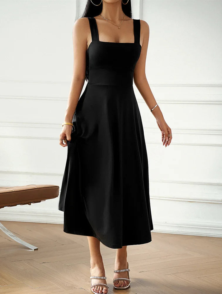 SORTYGO - Elegant Sleeveless A-Line Midi Dress in Black