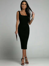 SORTYGO - Sleek Sleeveless U-Neck Midi Dress in Black