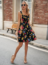 SORTYGO - Floral Print Halter A-Line Dress in Black