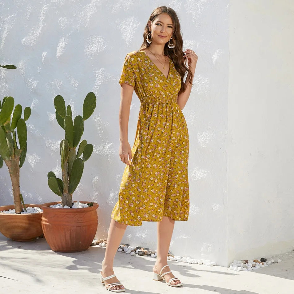 SORTYGO - Floral V-Neck Mid-Calf Dress in Yellow