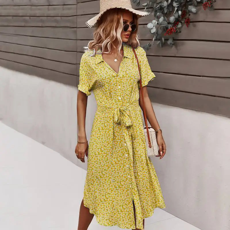 SORTYGO - SunsetBloom Bohemian Midi Dress in Yellow