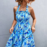 SORTYGO - Floral Halter Neck Midi Dress in Blue