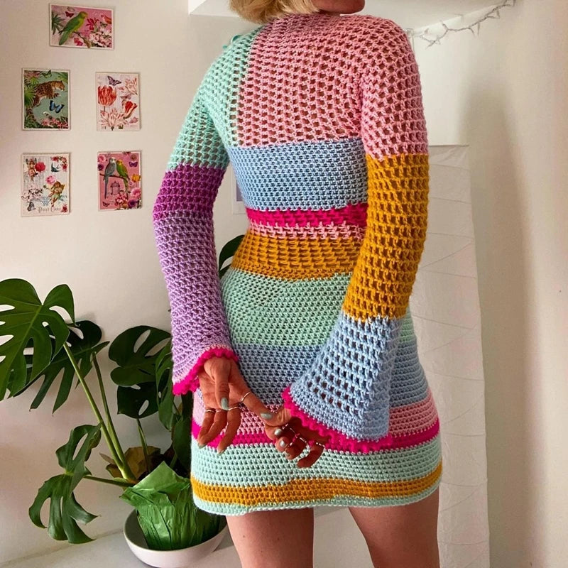 SORTYGO - Retro Colorful Knitted Mini Dress in