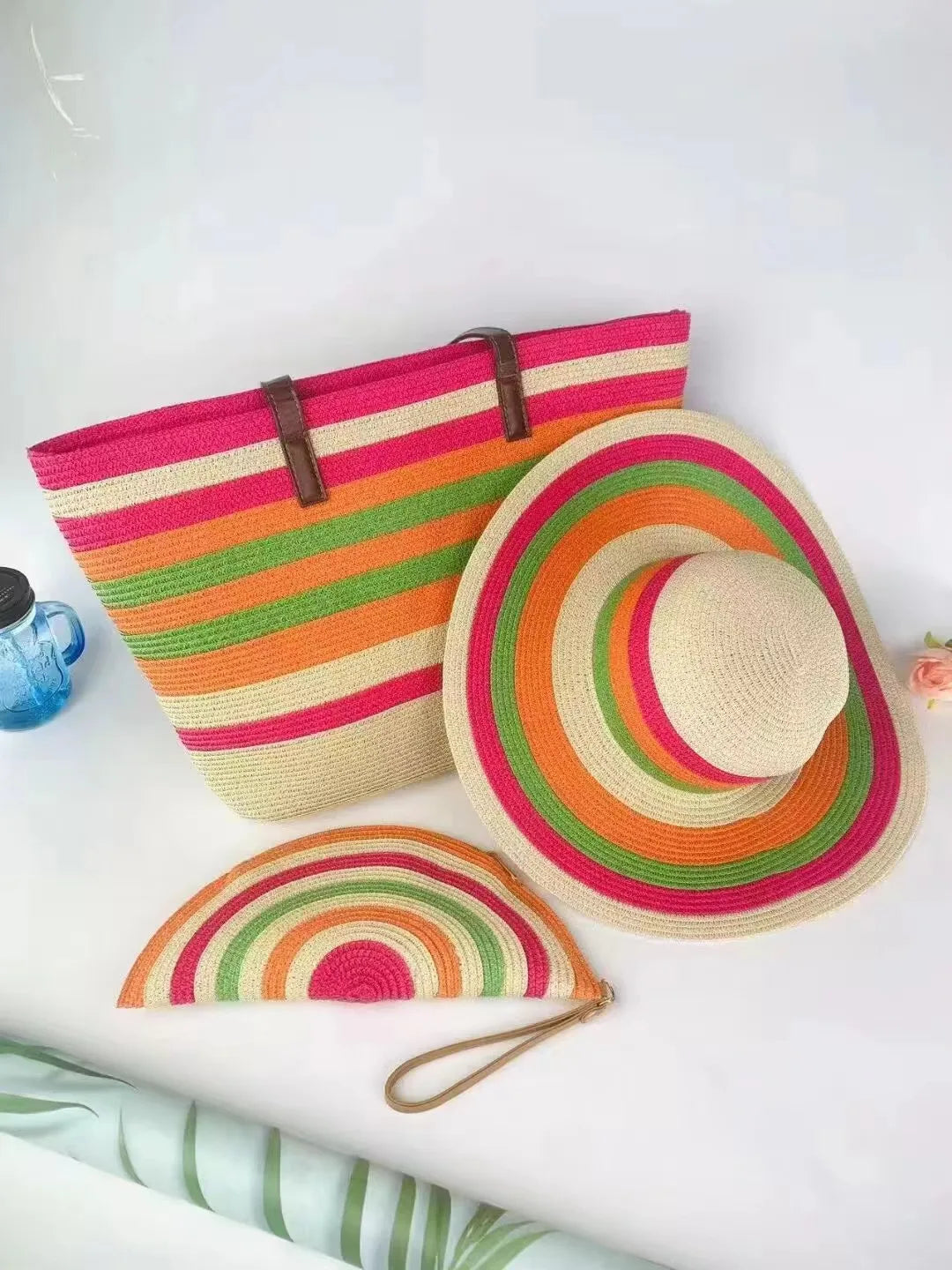 SORTYGO - Rainbow Fiesta Summer Straw Hat and Tote Bag Set in 13 One Size