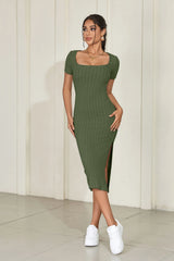 SORTYGO - Elegant Ribbed Square Neck Sheath Dress in army green