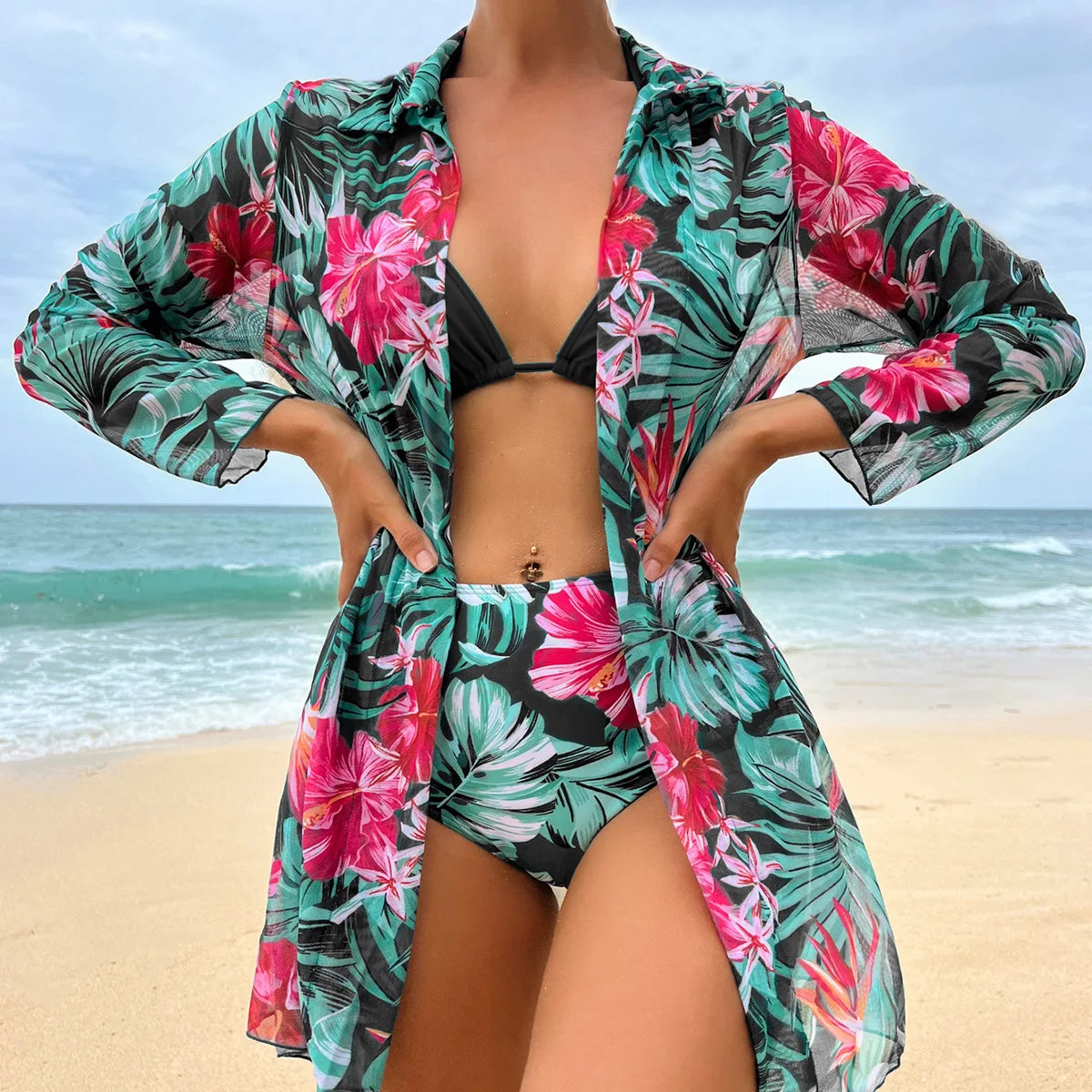 SORTYGO - Tropical Blossom Three-Piece Bikini Set in Black Green