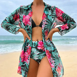 SORTYGO - Tropical Blossom Three-Piece Bikini Set in Black Green