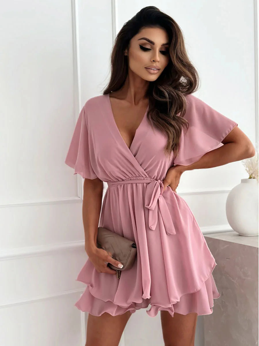 SORTYGO - Elegant V-Neck Chiffon Mini Dress in Pink