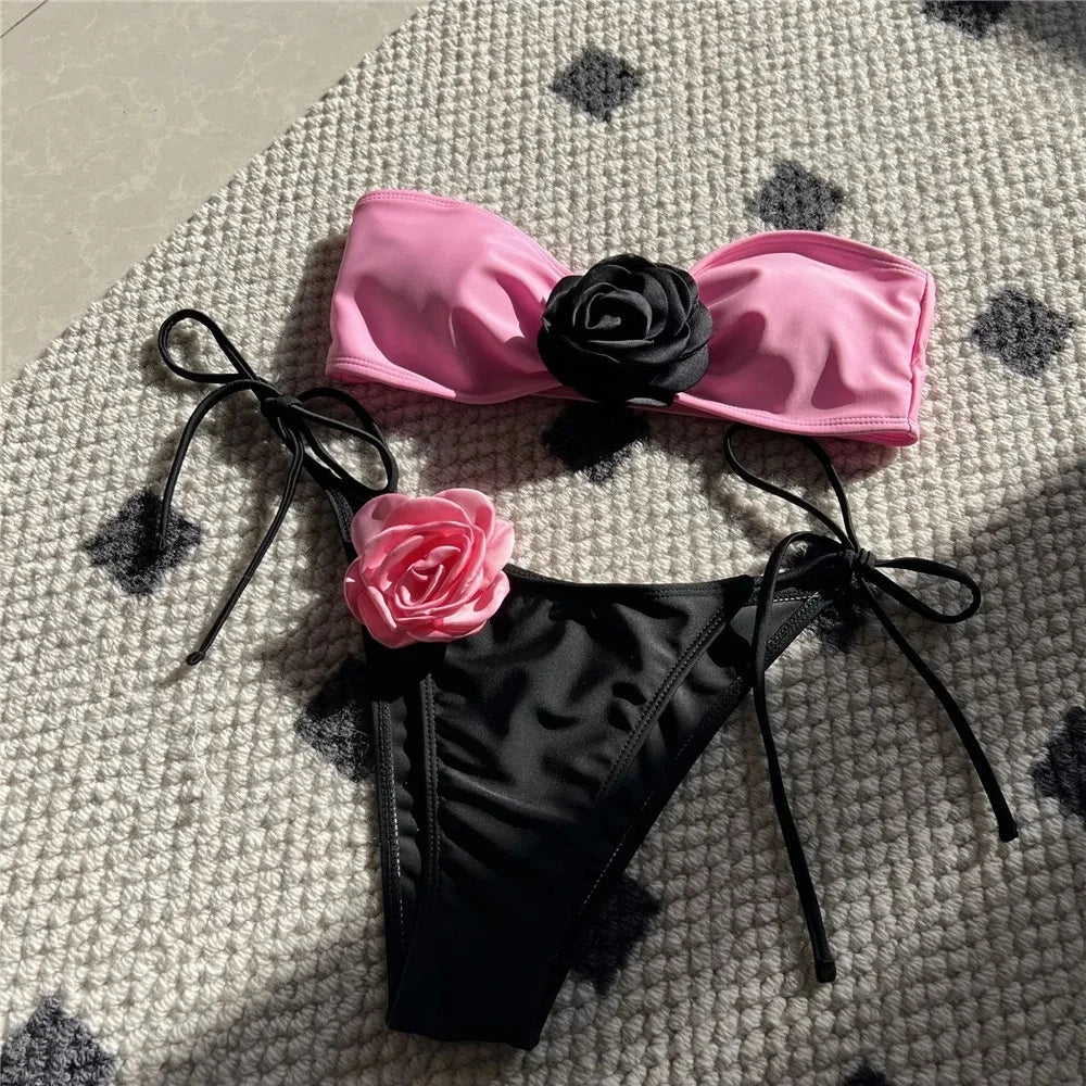 SORTYGO - Eclipse Bloom 3D Flower Bandeau Bikini Set in Pink