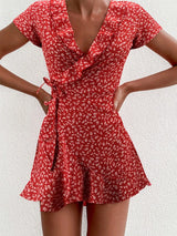 SORTYGO - Floral Ruffle Wrap Mini Dress in Red