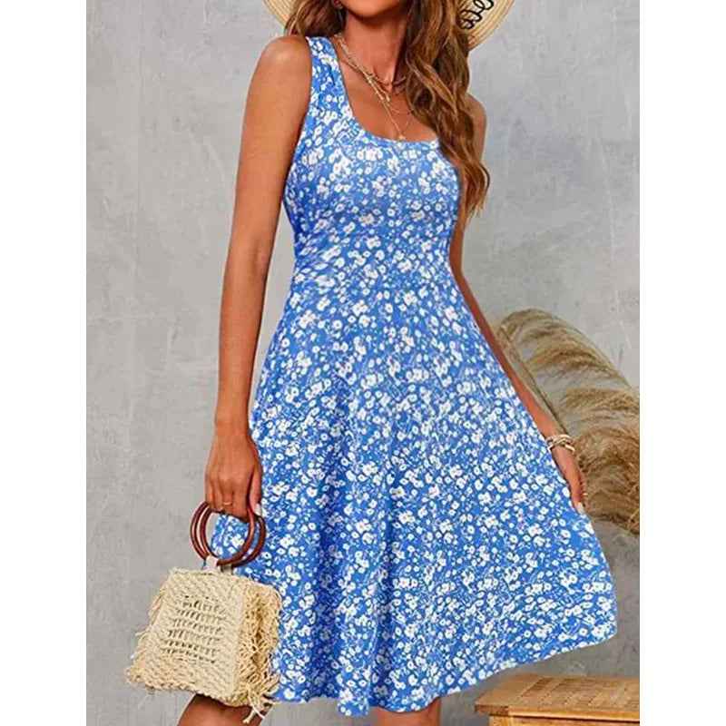 SORTYGO - Floral Square Neck Dress in Blue