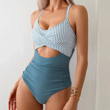 SORTYGO - Striped Elegance Cut-Out One-Piece Swimsuit in Blue