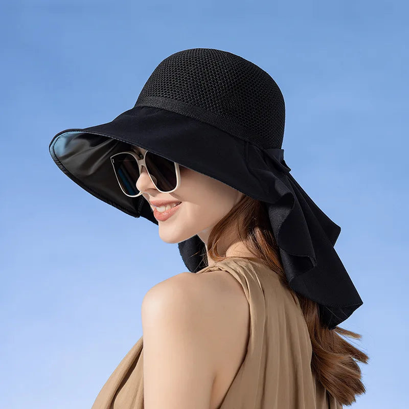 SORTYGO - Breathable Mesh Sun Hat with Elegant Neck Shawl in Black