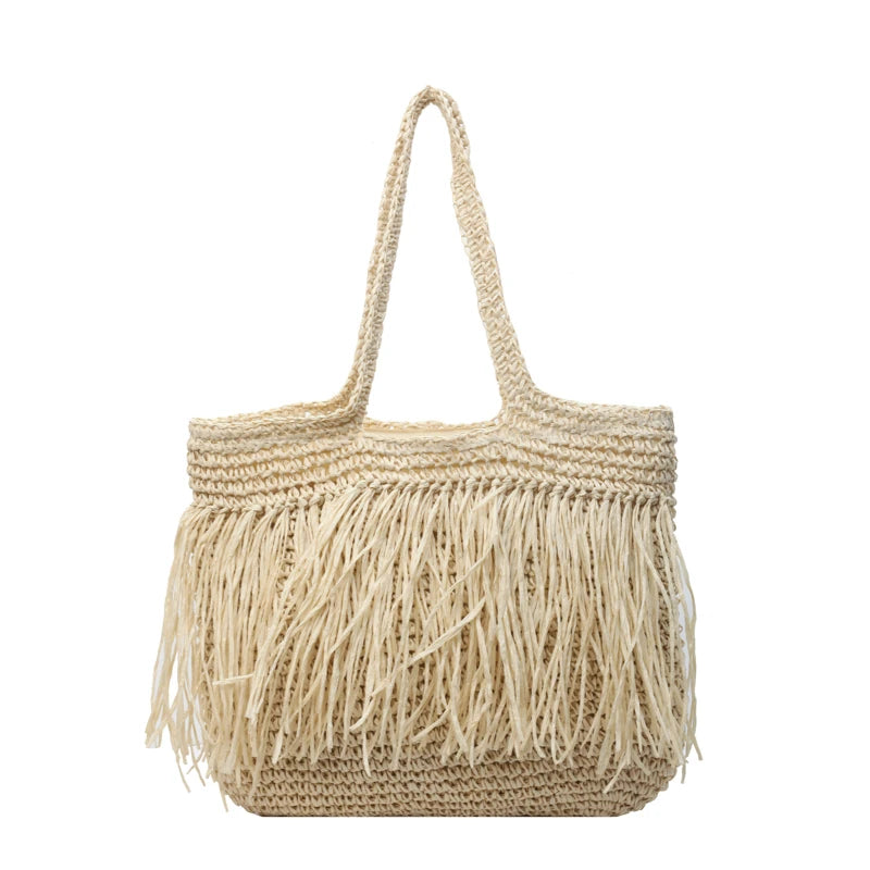 SORTYGO - Elegant Straw Tote with Tassel Fringe in Off White